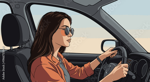 Woman wearing sunglasses and an orange jacket drives a car on a sunny day