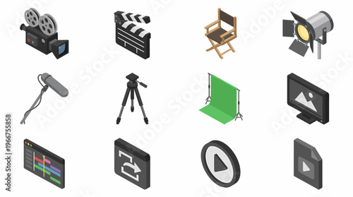 A 3D isometric set of film production icon elements on a white background for graphic design.