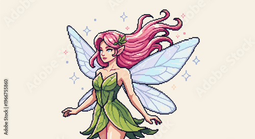 Pixel art of a fairy with pink hair and gossamer wings