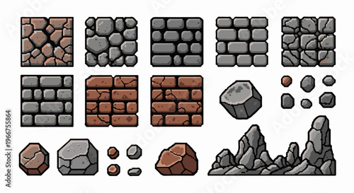 Pixel art textures of stones and bricks for game development