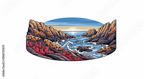 Pixelated coastal scene with rocky outcrops, ocean, and sunset