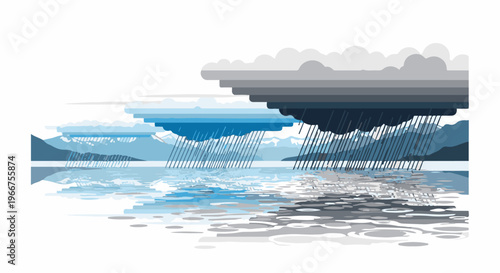Pixelated landscape with storm clouds raining over a body of water and mountains