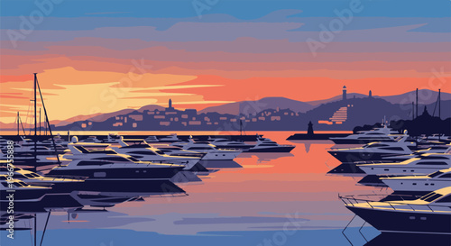 Pixelated seascape with yachts docked at a harbor during a vibrant sunset
