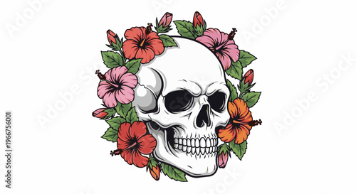 Skull with vibrant tropical flowers in a decorative floral arrangement