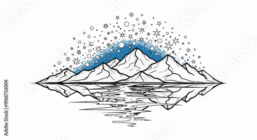 Snow capped mountains reflected in water under starry sky