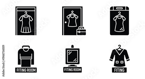 Black silhouette icons depicting clothing fitting rooms and dressing areas