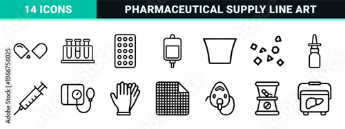 Medical Drugs and Pharmaceutical Equipment Outline Icons in Minimalist Monoline Aesthetic for Healthcare and Pharmacy Apps