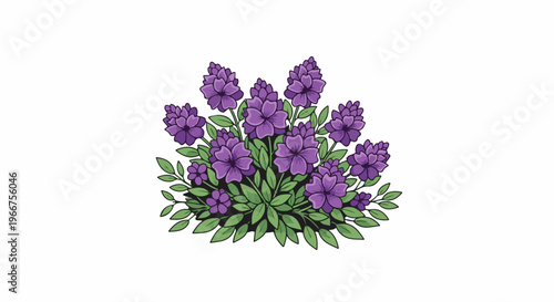 A cluster of purple flowers with green leaves on a white background