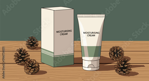 A box and tube of moisturizing cream sit on a wooden table with pinecones