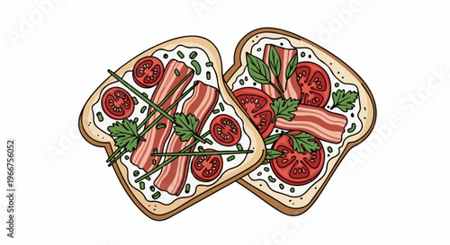 Two delicious open-faced sandwiches with crispy bacon, fresh tomatoes, and herbs