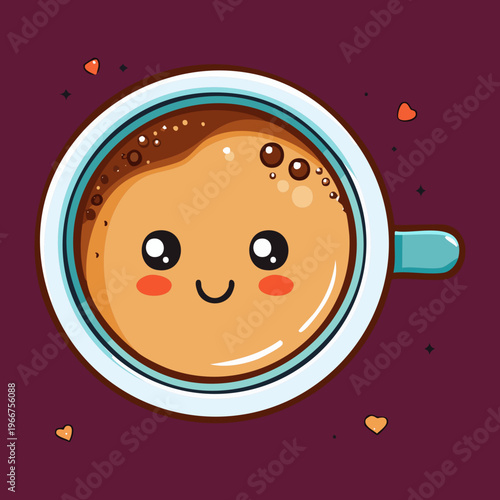 Delicious latte art coffee cup seen from above with adorable blushing cheeks and friendly smile for cafe menu - Vector Illustration