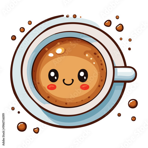 Hot cappuccino cup with tiny sprinkles and cute character face for cheerful breakfast morning routine in local cafe - Vector Illustration