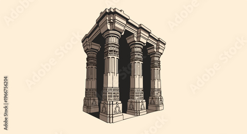 Ancient stone pillars supporting a building's roof on a plain background