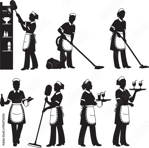 Illustrative collection of professional service staff silhouettes showcasing diverse cleaning, housekeeping, and hospitality tasks with dedication and efficiency