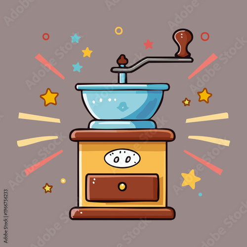 Cute manual coffee grinder machine with smiling face for home brewing enthusiasts and barista equipment icon designs - Vector Illustration
