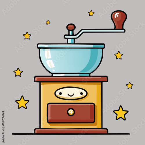 Vintage manual coffee grinder with sparkling stars for specialty cafe brewing equipment and classic kitchen tool icons - Vector Illustration