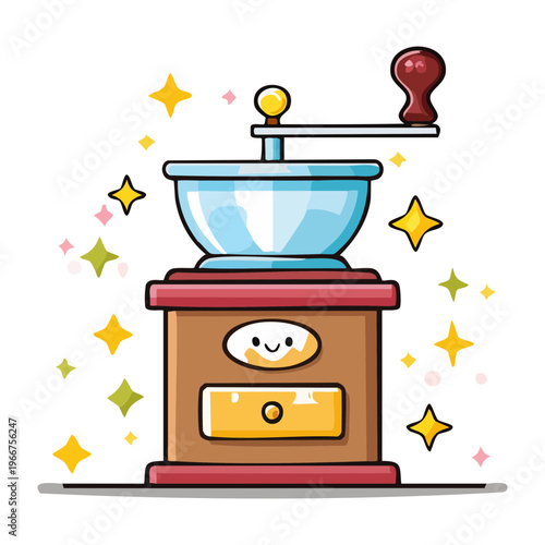 Adorable coffee mill character with smiling face and sparkles for antique kitchen tool and cafe mascot designs - Vector Illustration