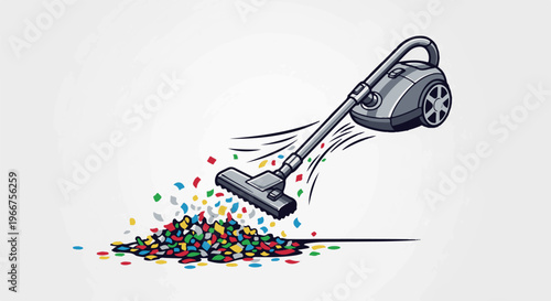 Vacuum cleaner actively sucking up colorful confetti from a white background