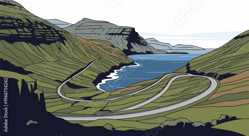 Winding road cuts through green hillsides to a blue bay