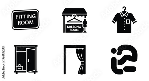 Black silhouette icons depicting clothing fitting rooms and dressing areas