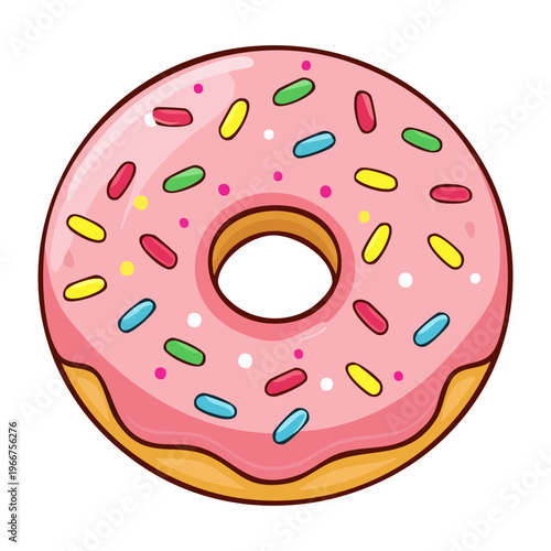 Cute pink donut with strawberry frosting and colorful sprinkles for sweet snack time and bakery shop menu - Vector Illustration