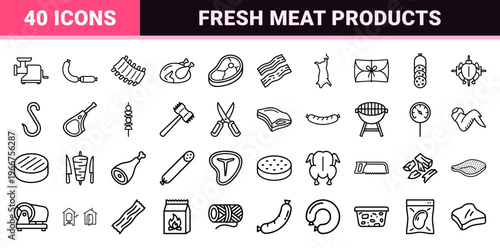 Meat and Butcher Shop Minimalist Monoline Geometric Line Art for Commercial Culinary Design and Food Industry Branding Graphics