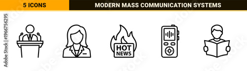 Journalism and Mass Media Icon Set with Minimalist Geometric Line Art Aesthetics for Professional Editorial and News Broadcasting Layouts.