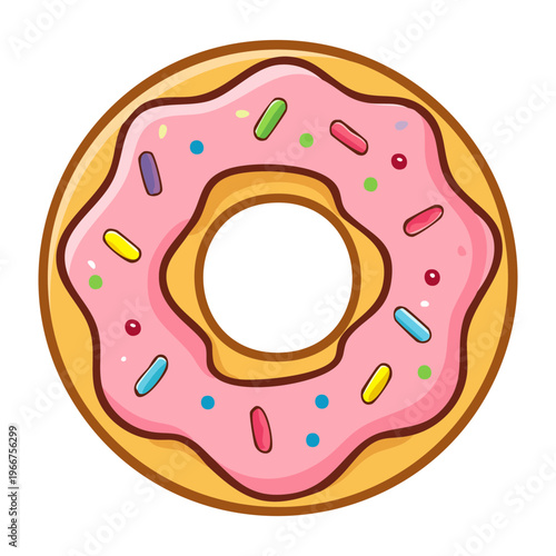 Smiling strawberry donut with pink glaze and colorful sprinkles for adorable dessert shop branding and pastry icons - Vector Illustration