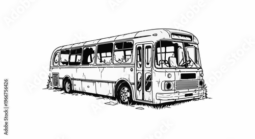 Worn-out old bus with broken windows sits on grass