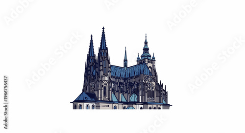 Stylized gothic cathedral with pointed spires and blue-tiled roof