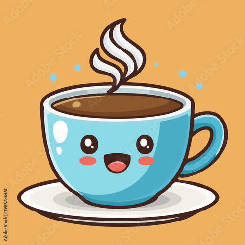 Smiling blue coffee mug with steam for cozy morning beverage and friendly cafe character mascot for stickers - Vector Illustration