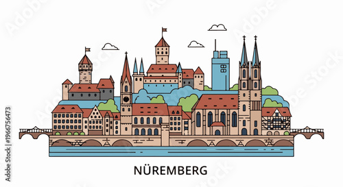 Stylized line art cityscape depicting historic European architecture along a river