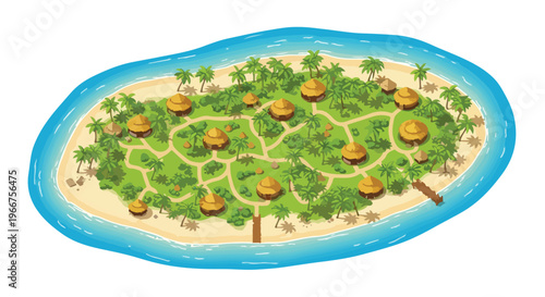 Tropical island resort vector illustration, aerial view of exotic paradise with beach bungalows and palm trees, secluded summer vacation destination map