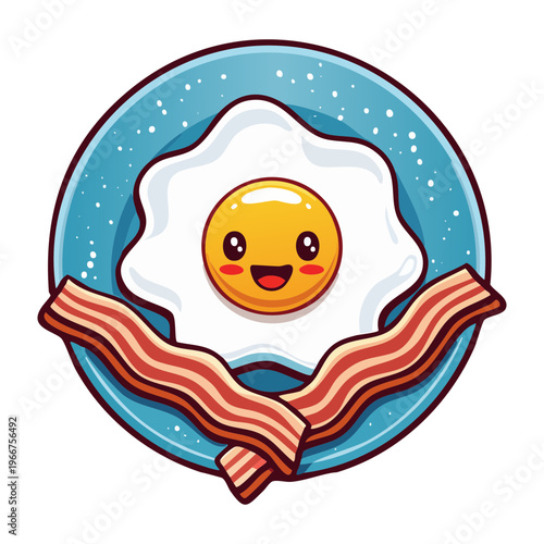 Smiling fried egg and bacon slices for yummy breakfast time and kids meal time fun mascot designs - Vector Illustration
