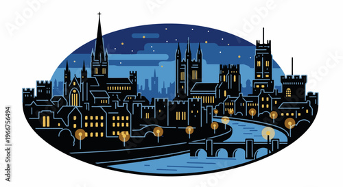 Stylized night view of a city skyline with a river and bridges