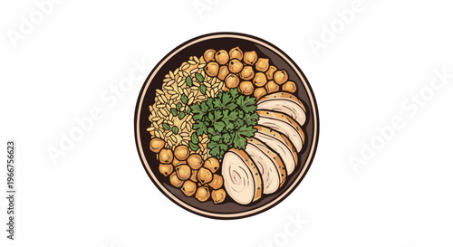 A hearty meal of sliced chicken, grains, chickpeas, and greens in a bowl