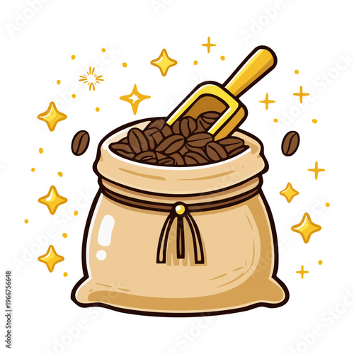 Happy bag of coffee beans with scoop and sparkles for energetic morning brew product marketing material designs - Vector Illustration