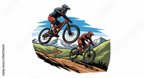 Two mountain bikers racing down a scenic trail with snowy peaks behind