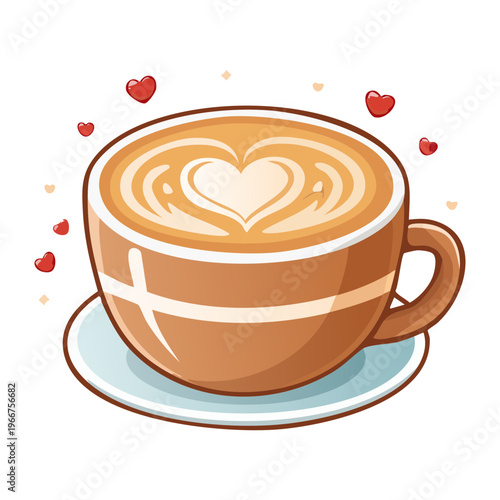 Smiling latte cup with heart foam art and tiny hearts for sweet cafe menu mascot designs - Vector Illustration