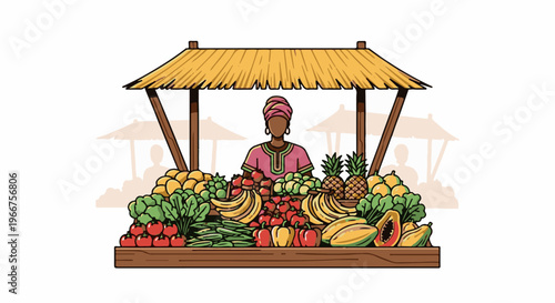 Woman vendor at a vibrant fruit and vegetable stall under a thatched roof