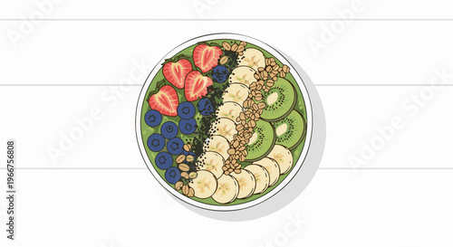A circular bowl filled with colorful fruits and granola, presented artistically