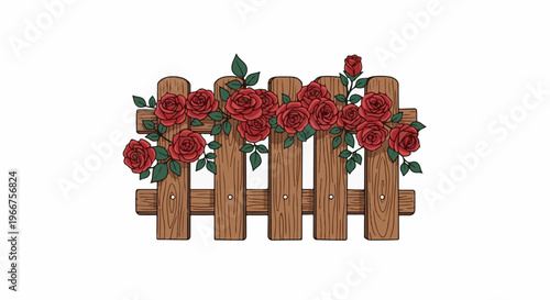 Wooden fence adorned with a lush display of deep red roses and green leaves