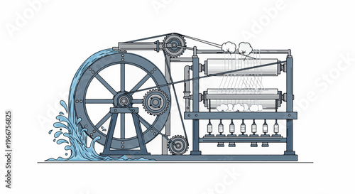 Vintage water-powered textile machine with spinning spindles