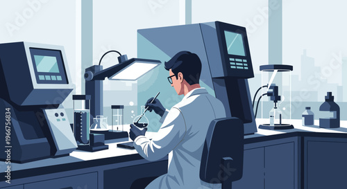 Scientist conducting research in modern laboratory with high-tech equipment