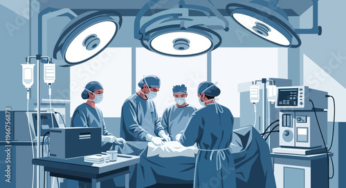 Medical team performing surgery in modern operating room with advanced equipment in flat design