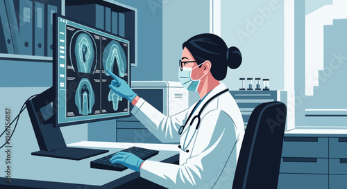 Medical professional analyzing brain scans on computer in modern clinic setting