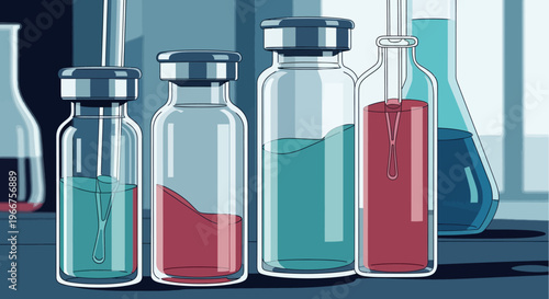 Scientific laboratory bottles with colorful liquids in a modern cartoon style