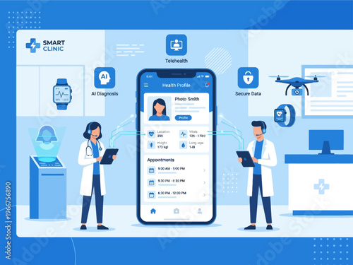 Smart clinic concept with doctors using tablets and a smartphone displaying health profile, AI diagnostics, telehealth, and secure data.