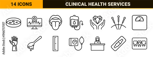 Medical and Healthcare Services Minimalist Monoline Icon Set, Geometric Outline Symbols for Hospital Clinical Diagnostics and Wellness