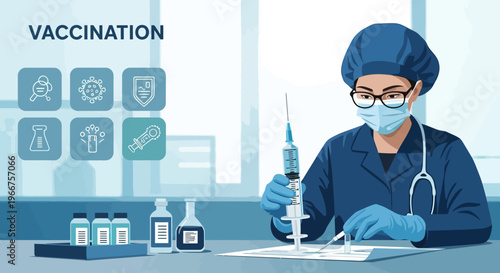 Healthcare professional preparing vaccine injection in medical facility with protective gear